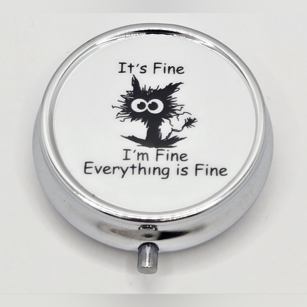 Metal 3 Compartment Travel Pill Box Funny Black Cat “Everything Is Fine”‎